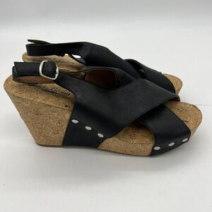 Lucky Brand Women's Sandals 7.5 Black Cork Wedge Heel Leather LK Minari